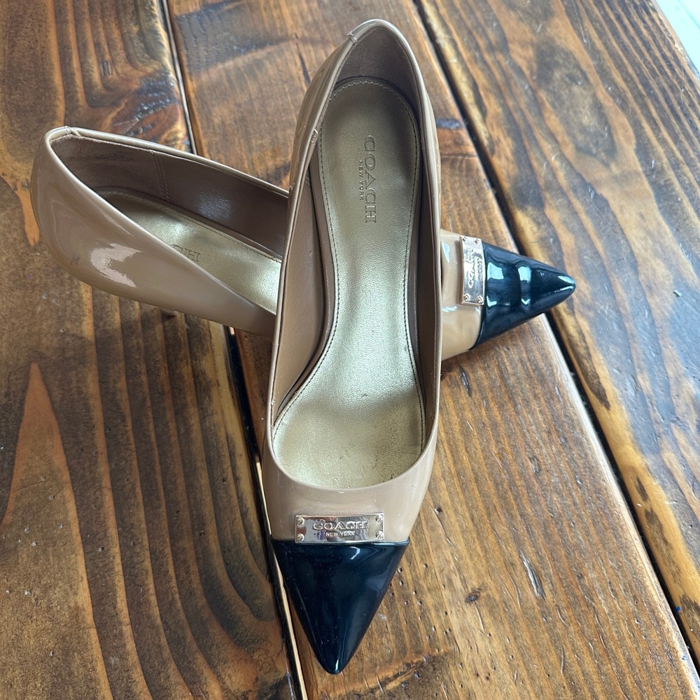 Coach Two-Tone Patent Leather Pointed Toe Heels in Nude and Black
